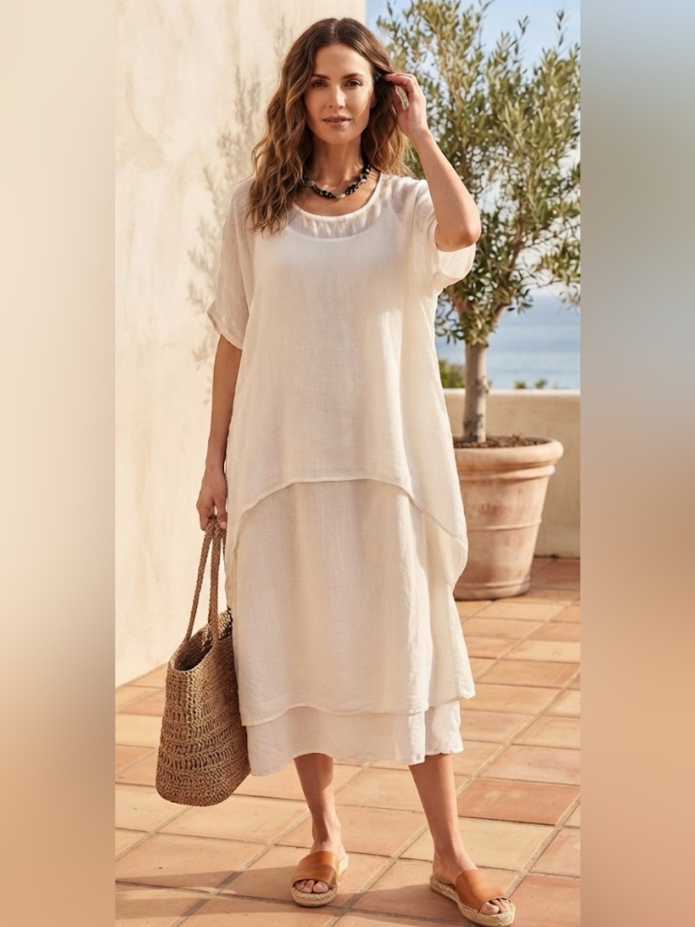 Dolma 100% Linen 2-Piece Layered Tunic & Slip Dress Set - Cream/White One Size